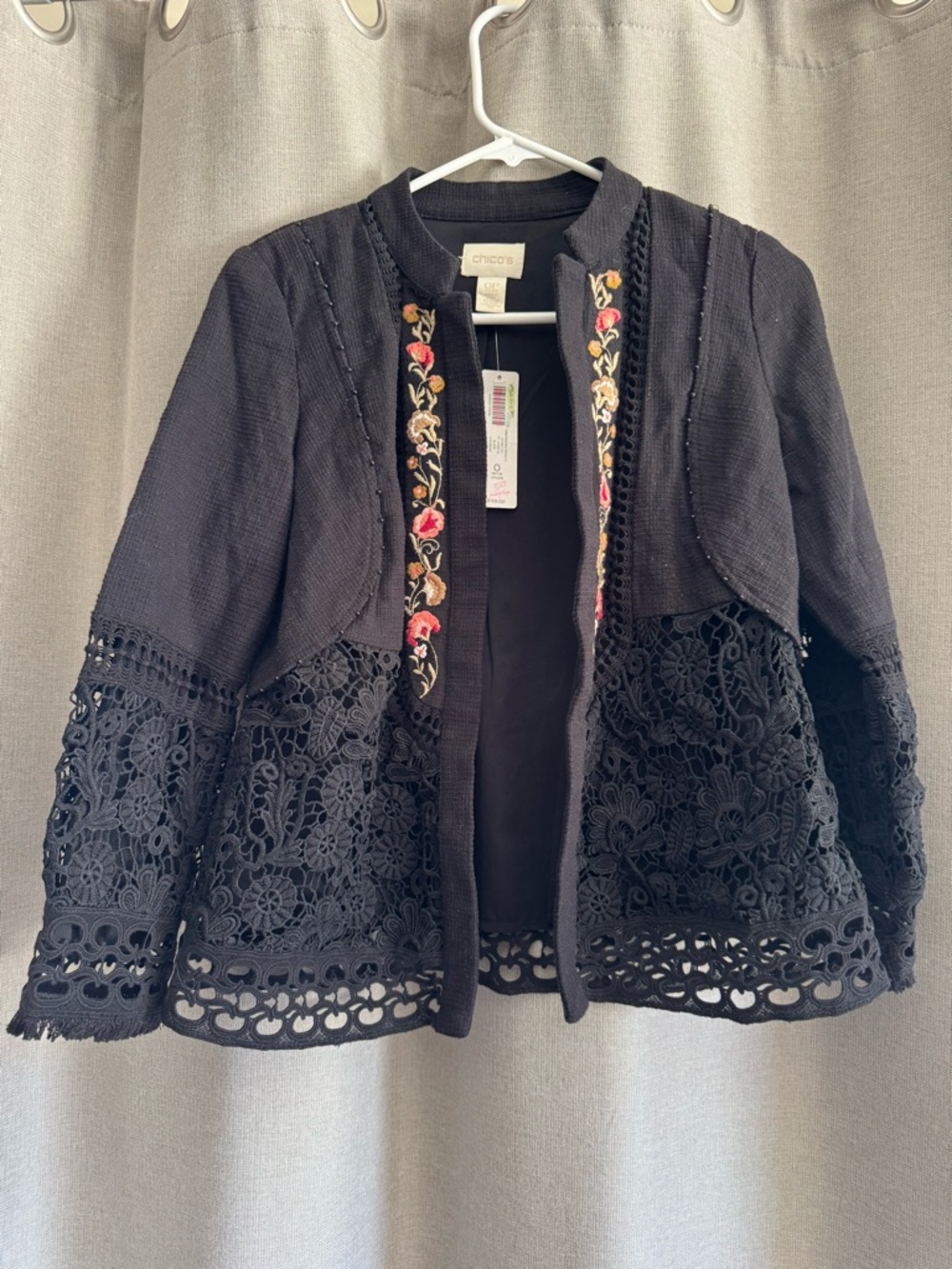 NWT Chico's Black Jacket with Multicolor Floral Embroidery & Openwork Lace 0P